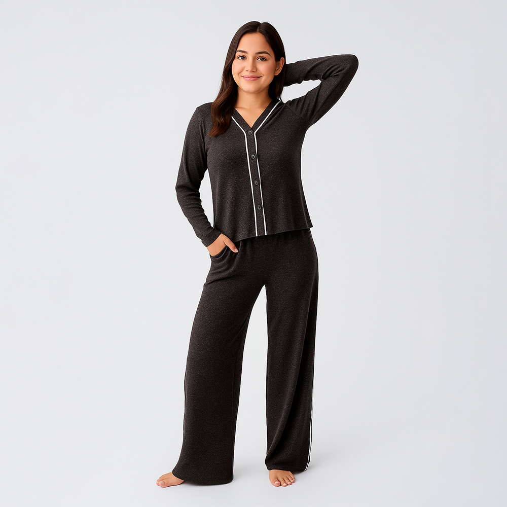 siyah fitilli yumuşak dokulu Likralı Örme Pijama Takım